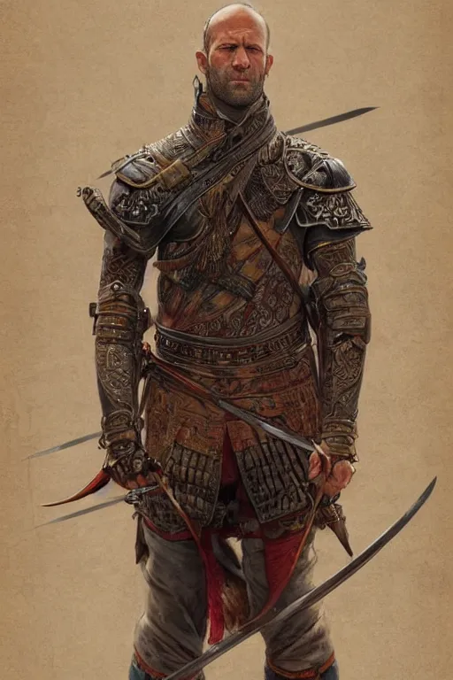 Image similar to jason statham ultra realistic illustration, mongol horse archer warrior in style armor from 1 9 3 2, sci - fi, fantasy, intricate, elegant, highly detailed, digital painting, artstation, concept art, smooth, sharp focus, illustration, art by artgerm and greg rutkowski and alphonse mucha