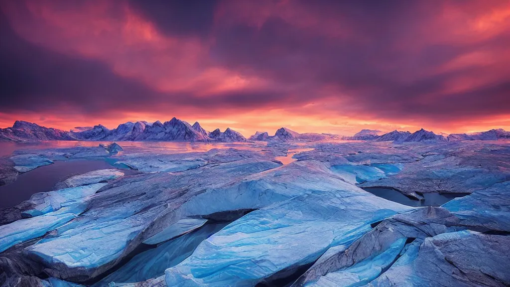 Prompt: amazing landscape photo of greenland in sunset by marc adamus, beautiful dramatic lighting