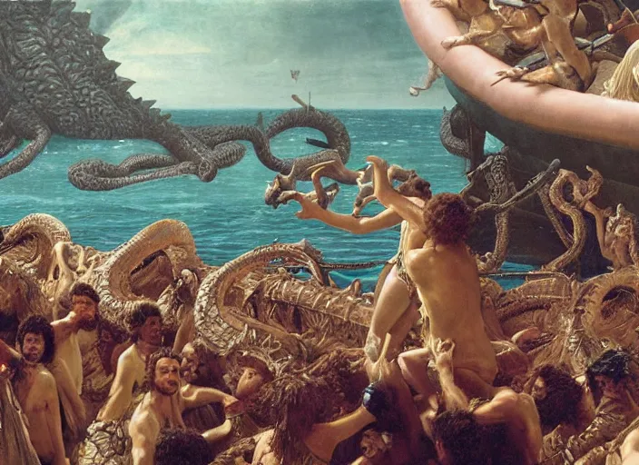 Image similar to godzilla attacking the raft of the medusa, painting by lawrance alma - tadema, 4 k, hyper - realistic, highly detailed