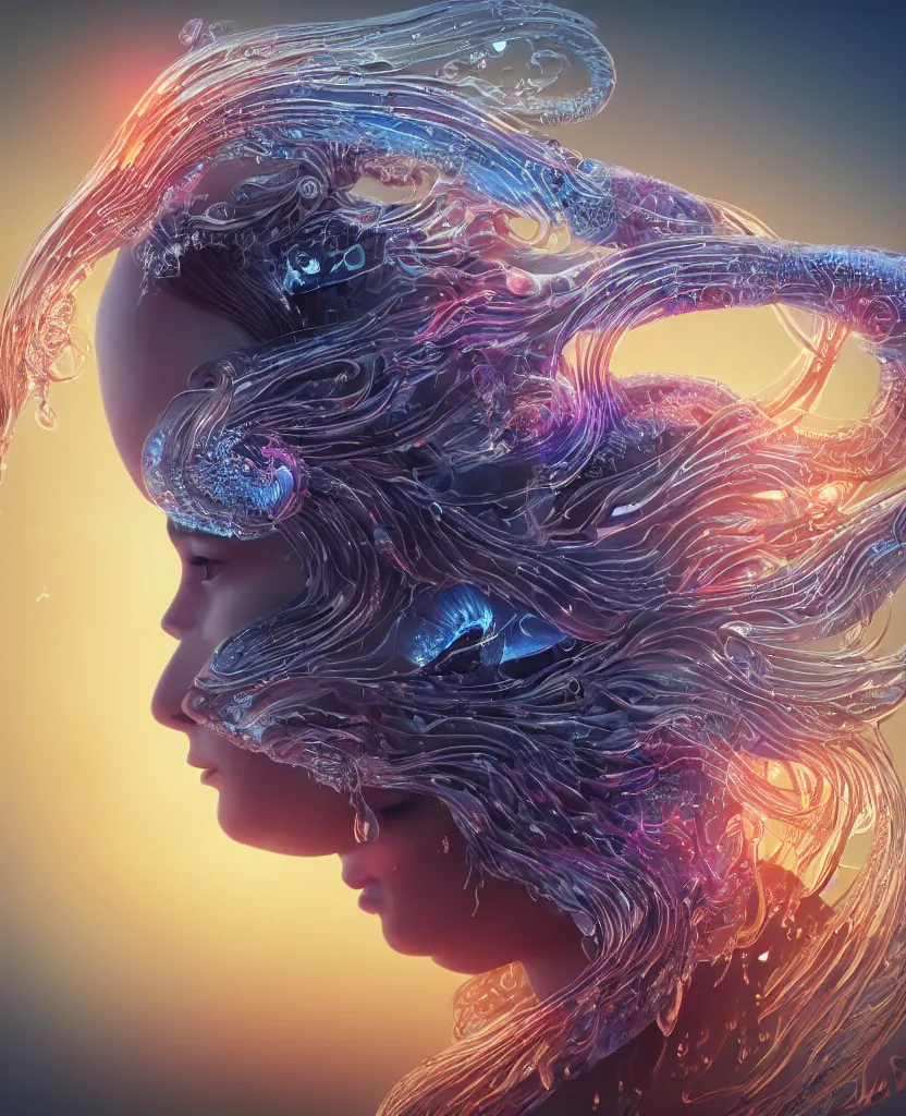 Image similar to close-up macro portrait of the face of a beautiful princess, epic angle and pose, symmetrical artwork, 3d with depth of field, blurred background, cybernetic jellyfish female face skull phoenix bird, translucent, nautilus, energy flows of water and fire. a highly detailed epic cinematic concept art CG render. made in Maya, Blender and Photoshop, octane render, excellent composition, cinematic dystopian brutalist atmosphere, dynamic dramatic cinematic lighting, aesthetic, very inspirational, arthouse. y Greg Rutkowski, Ilya Kuvshinov, WLOP, Stanley Artgerm Lau, Ruan Jia and Fenghua Zhong