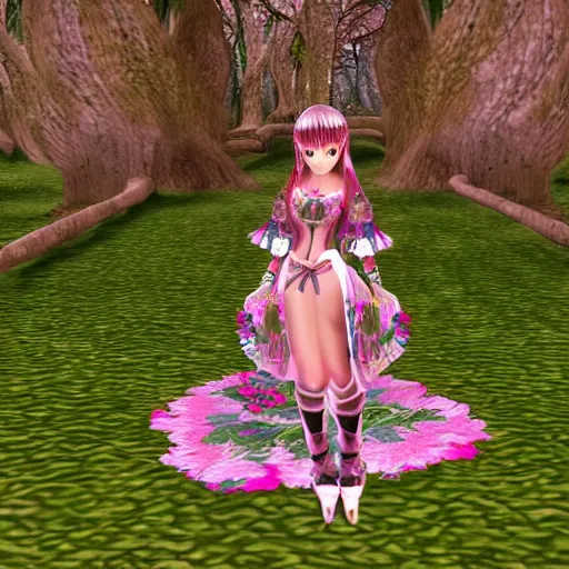 Image similar to cute female forest spirit wearing ornate floral cybernetic hungarian valentino resort dress in a 3 d psx ps 2 jrpg style, esoteric magical alien meadow ritual environment, fashion gameplay screenshot, highly detailed, atelier, xenogears