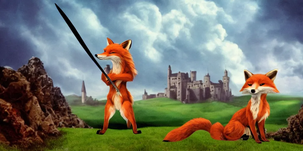 Prompt: anthropomorphic fox who is a medieval knight holding a sword towards a stormy thundercloud 1 9 3 0 s film still, castle in the background