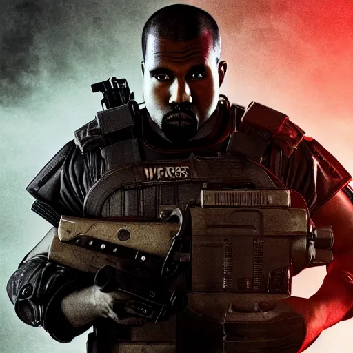 Image similar to kanye west as a ghostbuster!!! in ( gears of war battlefield 5 ), splash art, movie still, cinematic lighting, dramatic, octane render, long lens, shallow depth of field, bokeh, anamorphic lens flare, 8 k, hyper detailed, 3 5 mm film grain