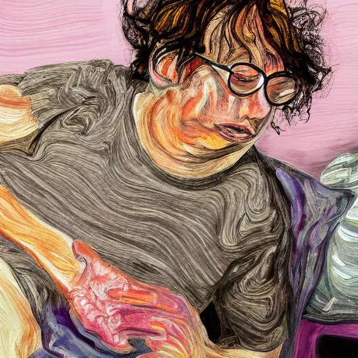 Image similar to high quality high detail painting of todd solondz portrait, tripping on lsd, showing strong fear, by lucian freud and francis bacon, hd, photorealistic lighting