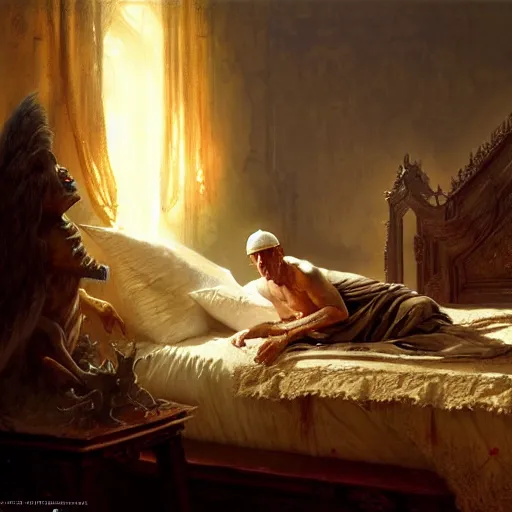 Image similar to the pope is in his bed, terrified, because a double horned shadow demon is in the wallpaper of the bedroom. highly detailed painting by gaston bussiere, greg rutkowski, craig mullins 8 k