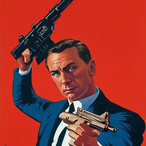 Image similar to propaganda poster of vinesauce joel pointing gun directly at camera in james bond movie, closeup of gun, visible barrel and grip by j. c. leyendecker, bosch, lisa frank, jon mcnaughton, and beksinski