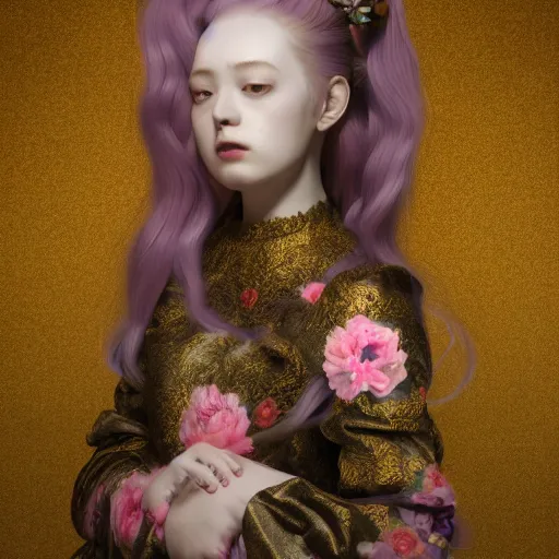 Image similar to 8k, octane render, realism, tonalism, renaissance, rococo, baroque, portrait of a young lady wearing long harajuku manga dress with flowers and skulls, background chaotic gold leaf flowers