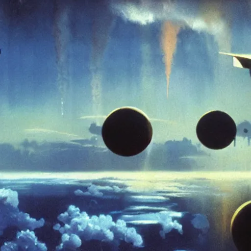 Image similar to Water world planet in the clouds, cinematic angle, cinematic lighting, blue sky, sun in the sky, by Syd Mead, John Harris, Federico Pelat