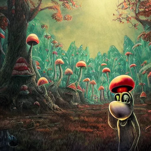 Image similar to a centered chest up portrait of a psychedelic demonic anthropomorphic forest animal in a suit smoking a hand - rolled cigarette smoking heavily, magic mushroom village in background. award winning. superb resolution. in the art style of junji ito and greg rutkowski. detailed mushroom city in background. hyper realistic anime. perfect art. dalle 2