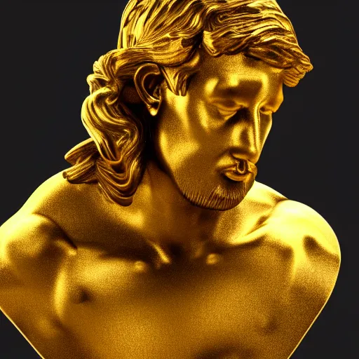 Image similar to a realistic render of an abstract golden Roman bust, high contrast lighting, 4k, concept art