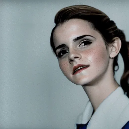 Image similar to emma watson, flight attendant, award winning, kodak ektachrome expired blue tint,