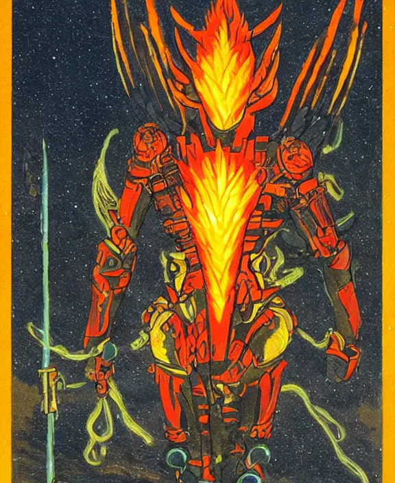 Prompt: a tarot card intricate of a fiery angel in a futuristic battle suit pointing directly at the viewer