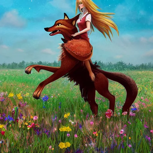 Image similar to girl riding a giant fox in a field of flowers, trending on artstation