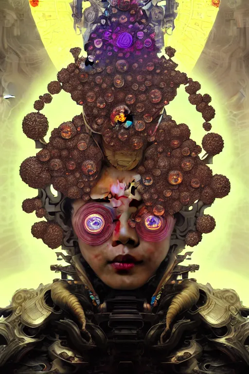 Image similar to asura from chinese myth, ghost, gorgeous and huge head ornaments, dystopian, cyberpunk, organic fractal mycelum and fungi, mecha, halfturn portrait of a big crystal face made of crystals half - turn, ominous, intricate, studio, art by anthony macbain + greg rutkowski + alphonse mucha, concept art, 4 k, sharp focus