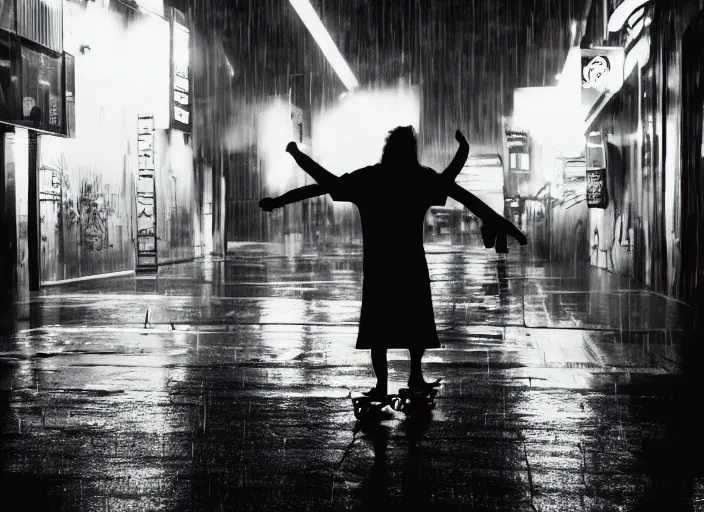 Prompt: a silhouetted person with long, flowing hair rides a skateboard through an empty neon - lit brutalist city in the rain, colored gel lighting, reflective surfaces, midnight, portra, film grain, high contrast, hyperdetailed, chromatic aberration, reminiscent of blade runner, dynamic pose