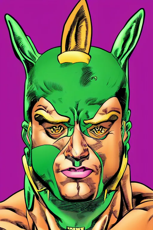 Prompt: Portrait of singer Bad Bunny, face transforming in a Rabbit, DC Comics, digital illustration by George Perez and Jim Lee