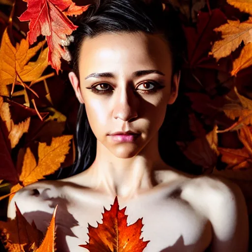 Image similar to gorgeous female stella maeve magician, realistic character concept, medium shot, elegant pose, spooky, illustration, symmetrical face and body, cinematic lighting, detailed realistic symmetrical eyes, 8 k, jacob riis, joshua middleton, artgerm, akihiko yoshida, tom bagshaw, single face, insanely detailed and intricate elegant, autumn leaves