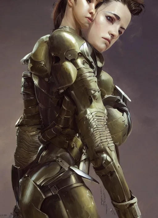 Image similar to a professional painting of a beautiful young female, clothed in military armor, olive skin, long dark hair, beautiful bone structure, symmetrical facial features, intricate, elegant, digital painting, concept art, smooth, sharp focus, illustration, from Metal Gear, by Ruan Jia and Mandy Jurgens and Artgerm and William-Adolphe Bouguerea