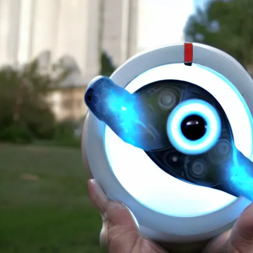 Prompt: Video footage of the portal gun from portal 2 in real life, photograph