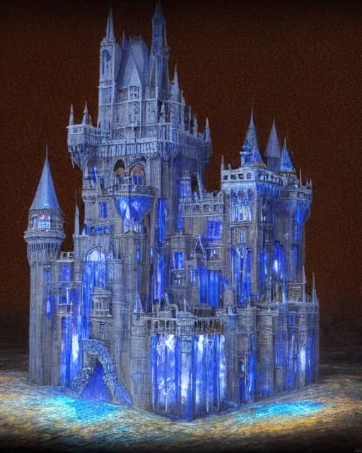 Prompt: beautiful concept art of a high fantasy castle by alan lee made of diamond filled with copper veins, blue translucent resin, bioluminescent, ultra realistic, ultra detailed, masterpiece by mc escher and hr giger, 8 k octane render, ambient diffusion, subsurface scattering, trending on artstation, cgstudio