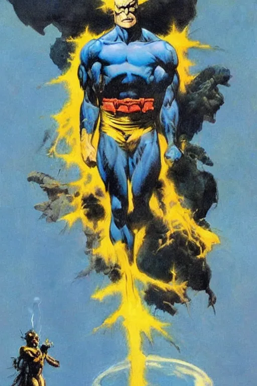 Image similar to painting by Frank Frazetta!!! of as Dr. Manhattan in Watchmen