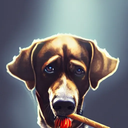 Image similar to a dog wearing smoking a cigar, dramatic lighting, cinematic, establishing shot, extremly high detail, photorealistic, cinematic lighting, concept art, artstation, style by greg rutkowsky