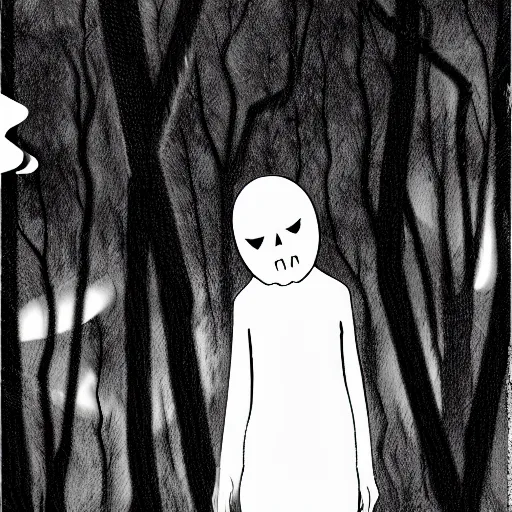 Image similar to in the style of sui ishida, transparent ghost screaming, in the woods, moody lighting