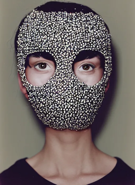 Image similar to a fashion portrait photograph of a woman wearing a mask made of small spheres designed by balenciaga, 3 5 mm, color film camera,