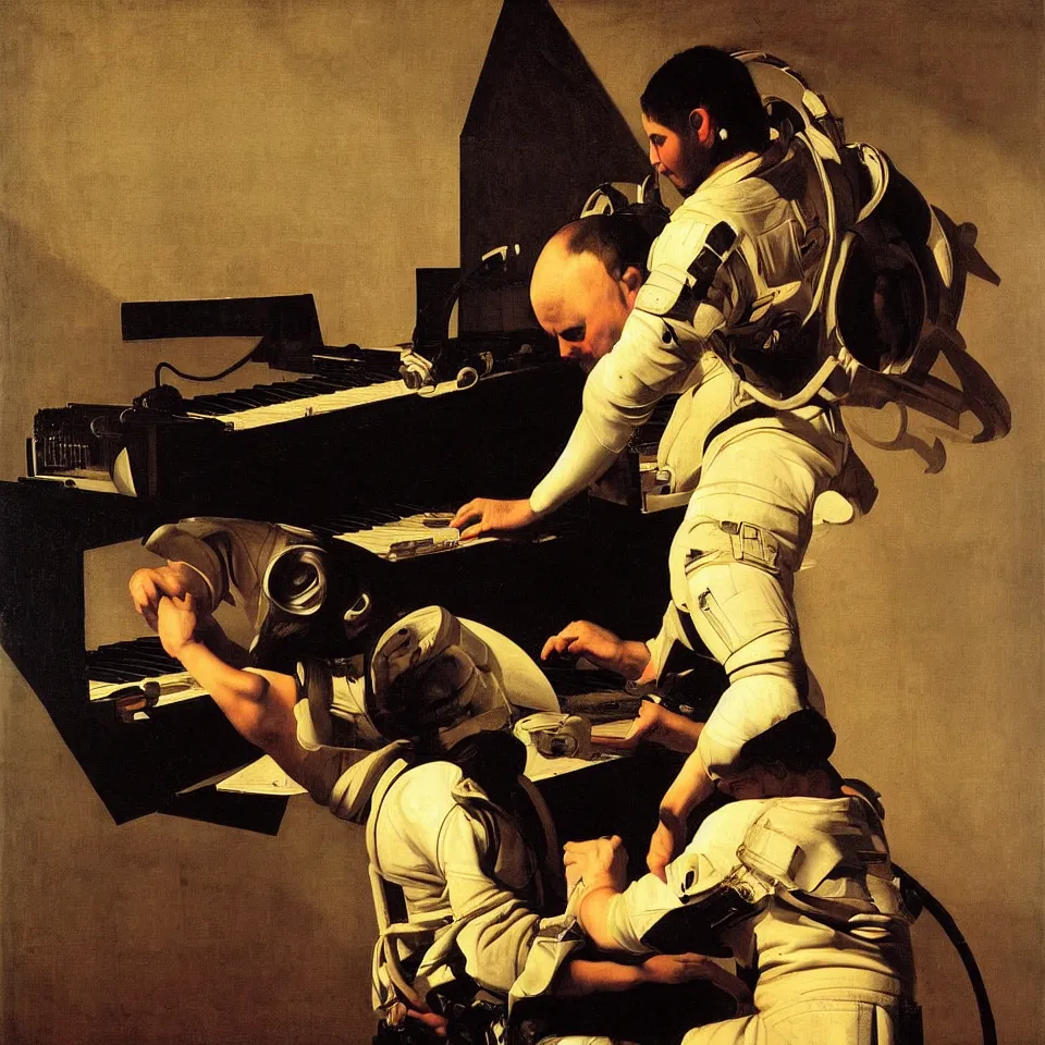 Prompt: an astronaut playing a keyboard by caravaggio, dynamic lighting, cinematic, epic composition, masterpiece