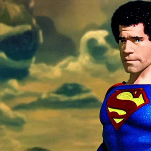 Image similar to a still of bob ross as superman, cinematic lighting. 4 k.