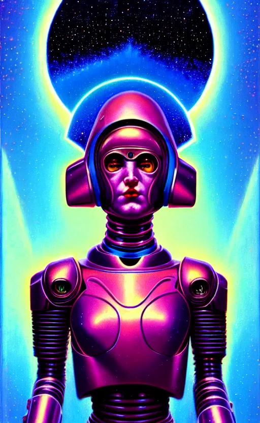 Prompt: holy young female combat robot, award winning, portrait bust, symmetry, faded lsd colors, galaxy background, tim hildebrandt, wayne barlowe, bruce pennington, donato giancola, larry elmore, masterpiece, trending on artstation, cinematic composition, beautiful lighting, hyper detailed!!!, 8 k, oil on canvas