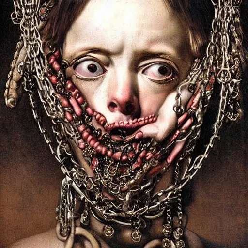 Image similar to Detailed maximalist portrait, exasperated expression, chains though flesh, highly detailed and intricate, surreal illustration in the style of Caravaggio, dark art, baroque,