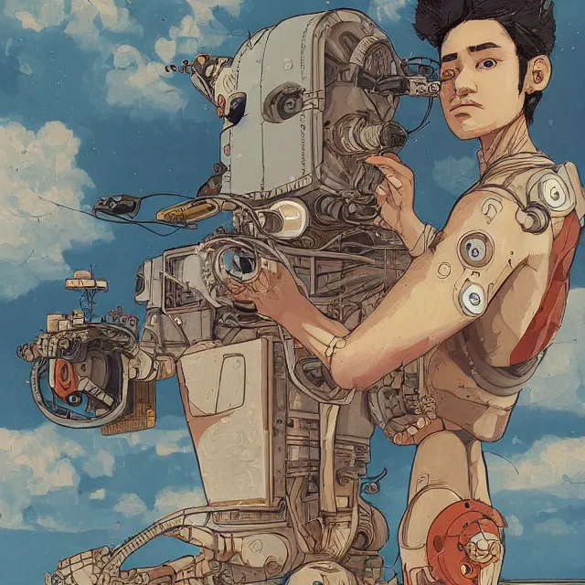 Image similar to robot artist painting a self - portrait on a canvas. intricate, highly detailed, digital matte painting, in the style of alexandros pyromallis, and in the style of sachin teng, and in the style of hans thoma, and in the style of masamune shirow. irony, recursion, inspiration.