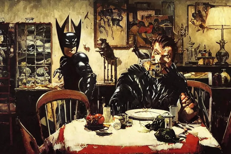 Image similar to batman eats messily in a dining room much to the displeasure of his wife, painted by phil hale and rick berry and dean cornwell and norman rockwell and jeremy mann