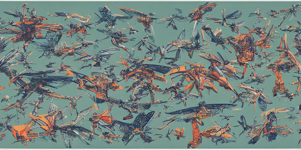 Prompt: risograph rendition, gigantic mecha arzach birds with dragonflies, tiny rats, a lot of exotic animals around, big human faces everywhere, helicopters and tremendous birds, by satoshi kon and moebius, matte bright colors, surreal design, crispy, super - detailed, a lot of tiny details, fullshot