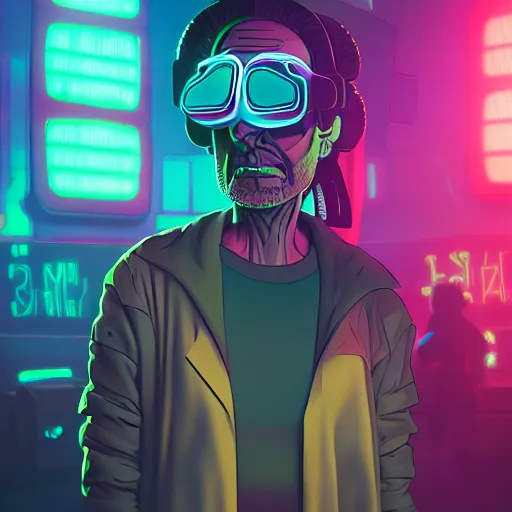 Image similar to cyberpunk rick and morty bot, cinema 4 d, galaxy space sci - fi, wearing vr goggles, illustration, portrait, pastel neon textured background night, trending on artstation, greg rutkowski, octane rendered, 1 2 k, detailed,