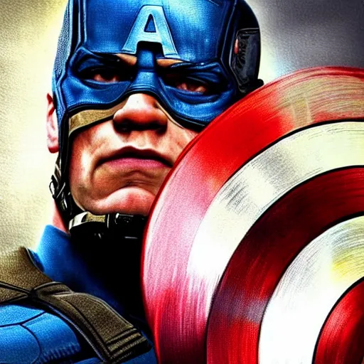 Image similar to john cena as captain america, artstation hall of fame gallery, editors choice, #1 digital painting of all time, most beautiful image ever created, emotionally evocative, greatest art ever made, lifetime achievement magnum opus masterpiece, the most amazing breathtaking image with the deepest message ever painted, a thing of beauty beyond imagination or words, 4k, highly detailed, cinematic lighting