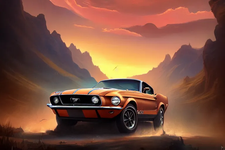 Image similar to a 1 9 6 8 mustang driving down a long country road, coriolios rpg art style, full of details, warm sunset colors, matte painting, artstation, 8 k, hyperrealistic, style of peter mohrbacher, album cover, extreme long shot, mountains, panoramic, wide shot