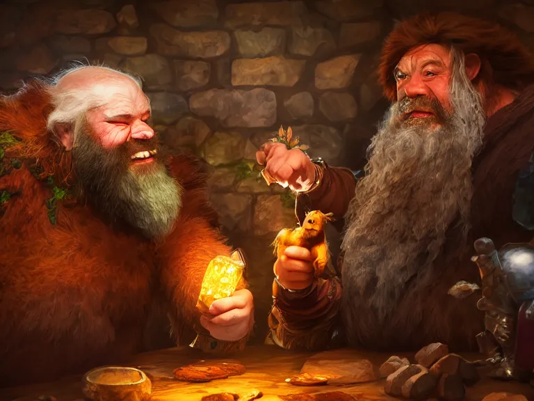 Image similar to Drunk Dwarf Druid and his Bear start a fight at the Tavern, RPG Portrait, Oil Painting, Trending on Artstation, octane render, Insanely Detailed, 8k, HD