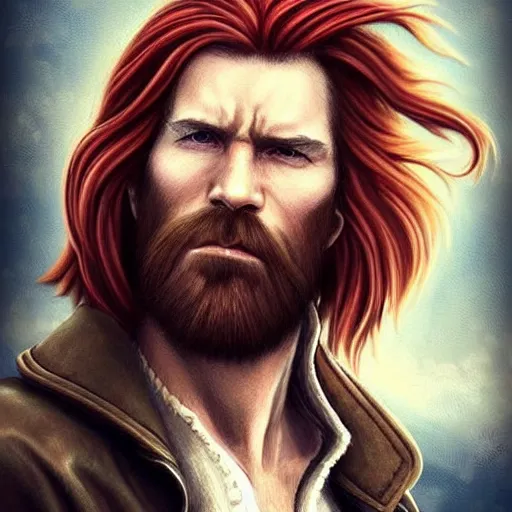 Image similar to portrait of a rugged!!!! male captain with long red hair!!!!!!, upper body, flowing hair, ethereal, handsome, leather coat, Steampunk zeppelin!!!!!!!, D&D, fantasy, simple clothing!!!!, elegant, highly detailed, digital painting, deviantart, artstation, concept art, sharp focus, illustration, art by Artgerm and Greg Rutkowski and Alphonse Mucha