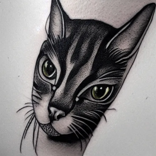 Image similar to stick and poke tattoo of a cat, black and white tattoo, linework