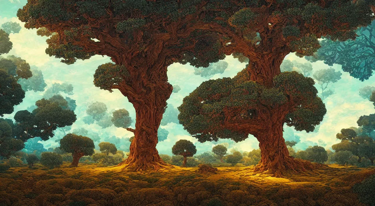 Image similar to A Beautifully Enigmatic Painting of a Dreamy Landscape with a giant oak tree of life by Laurie Greasley, Victo Ngai, Taro Okamoto, Benoit B. Mandelbrot, Caspar David Friedrich, Rich Colours, 4K 64 megapixels 8K resolution HDR Cinema 4D