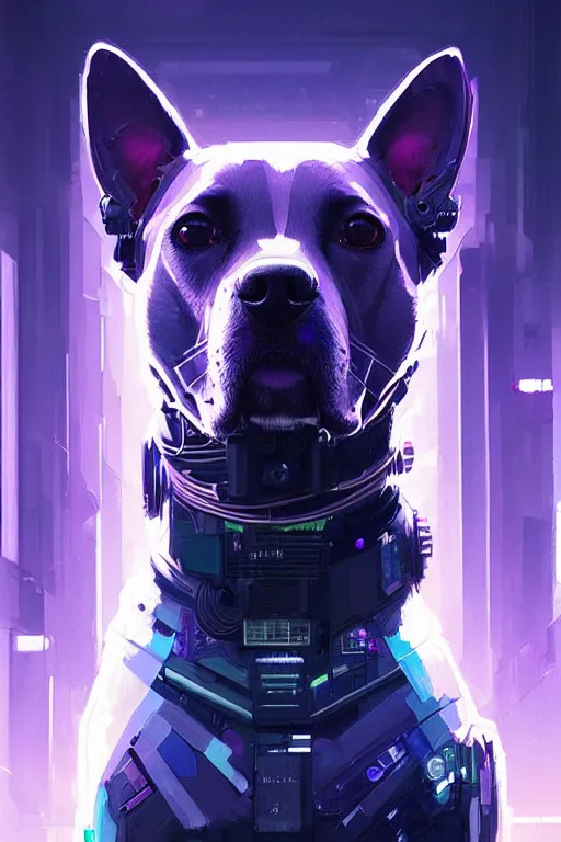 Image similar to a beautiful portrait of a cute cyberpunk dog by greg rutkowski and wlop, purple blue color scheme, high key lighting, digital art, highly detailed, fine detail, intricate, ornate, complex