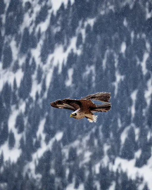 Image similar to A photo of a falcon surrounded by snowy mountains, focus on falcon, 4k