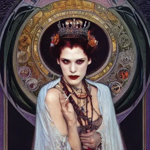 Image similar to portrait of a queen vampire, 35mm, 1920', depth of field, ominous, sharp, photorealistic, realistic, high definition, 8k, deviantart, donato giancola, irwin penn, Alphonse Mucha