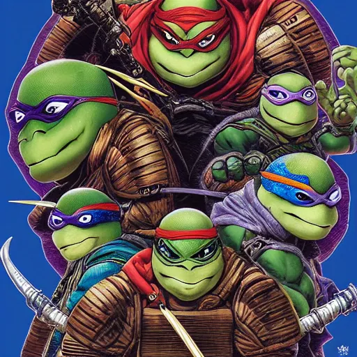 Image similar to portrait of crazy teenage mutant ninja turtle, symmetrical, by yoichi hatakenaka, masamune shirow, josan gonzales and dan mumford, ayami kojima, takato yamamoto, barclay shaw, karol bak, yukito kishiro