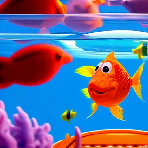 Prompt: a cinematic fill still from a 2021 Pixar movie where an anthropomorphic goldfish lives in a giant fishbowl mansion, in the style of Pixar, shallow depth of focus