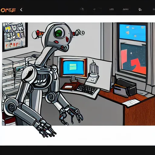 Image similar to a robot illustrator doing overtime at the office, trending on artstation, beautiful coloring