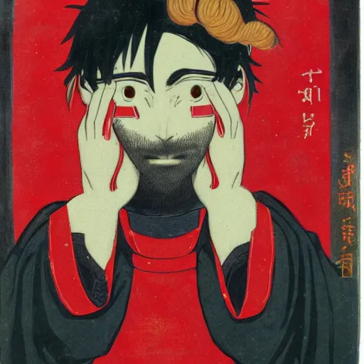 Image similar to anime a portrait of man with hand growing from his head, holding a red crystal
