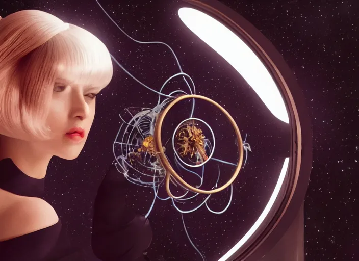 Prompt: une femme à la coiffure tourbillonnante, retrofuturism, reimagined by industrial light and magic